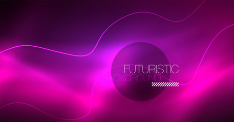 Abstract shiny glowinng color wave design element on dark background - science or technology concept