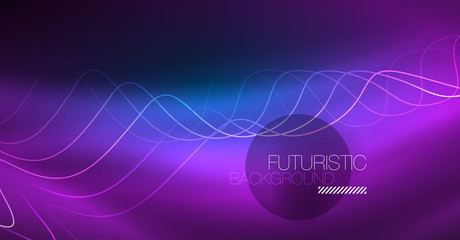 Glowing abstract wave on dark, shiny motion, Christmas and New Year magic space light. Techno abstract background