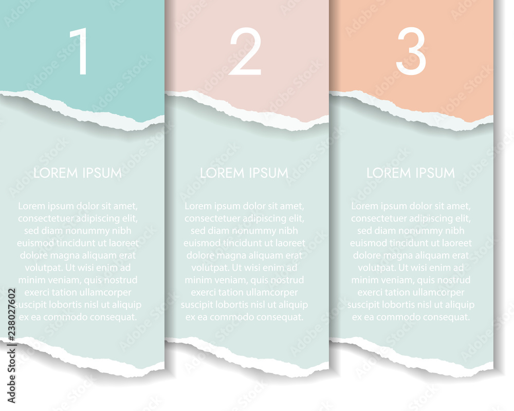 Poster set of four color vertical infographics of torn paper with numbers and text, banner isolated on whit