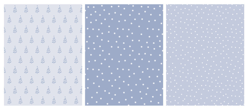 Cute Infantile Style White Christmas Trees and Stars Vector Pattern. White and Blue Simple Design. Blue Background. Abstract Forest Illustration. © Magdalena