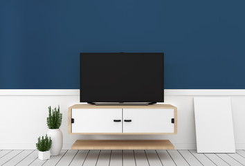 Smart Tv with blank black screen hanging on cabinet design, modern living room with dark blue wall on white wooden floor. 3d rendering
