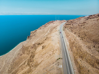 Main road along the coast of the Dead Sea in Jordan, recorded with the drone