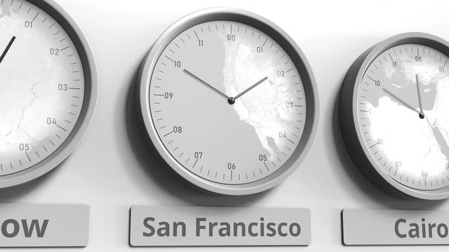 Round clock showing San Francisco, USA time within world time zones. Conceptual 3D animation