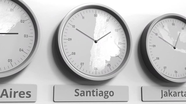 Clock shows Santiago, Santiago de chile time among different timezones. Conceptual 3D animation