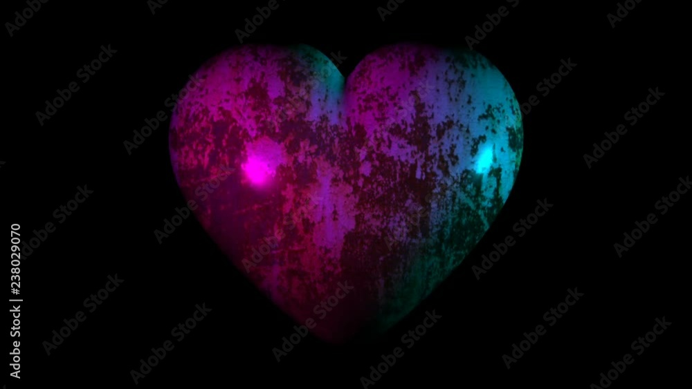 Poster rusty metal heart in neon rays rotates on a black background. seamless loop.