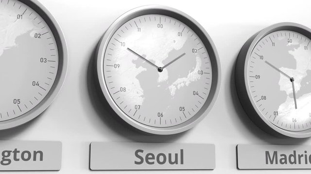 Clock shows Seoul, South Korea time among different timezones. Conceptual 3D animation