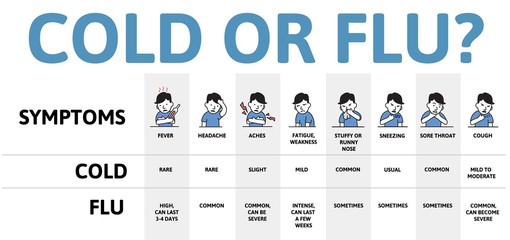Cold and flu symptoms table chart. Infographic poster with text and character. Flat vector illustration, horizontal. Isolated on white background. - obrazy, fototapety, plakaty