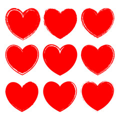 Vector set of ink rough red hearts