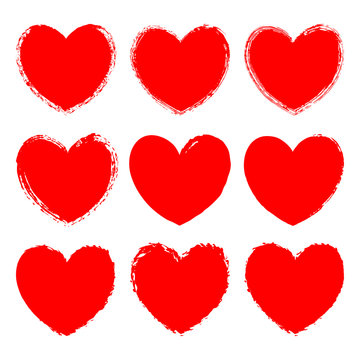 Vector set of monochrome red grunge art hearts
