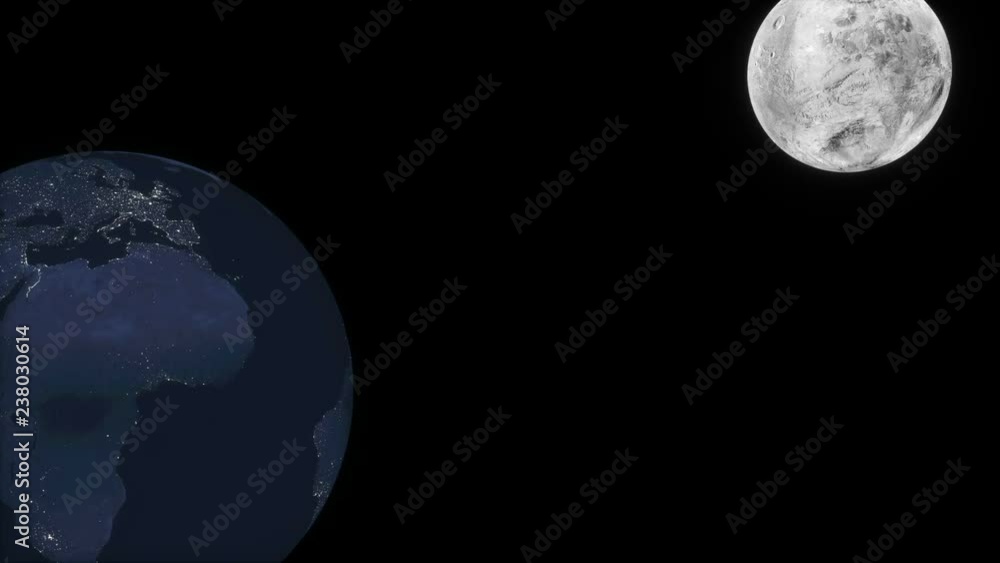 Aufkleber night planet with lights.planet earth and moon rotating and approach in open space. high detail 3d r