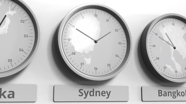 Round clock showing Sydney, Australia time within world time zones. Conceptual 3D animation