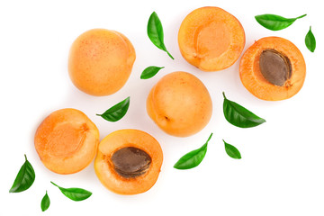Apricot fruits with leaves isolated on white background. Top view. Flat lay pattern