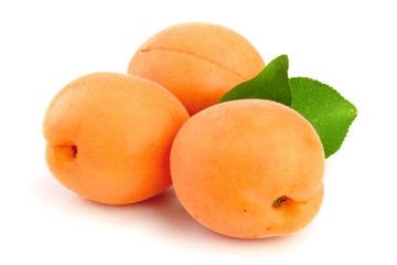 Apricot fruits with leaves isolated on white background macro