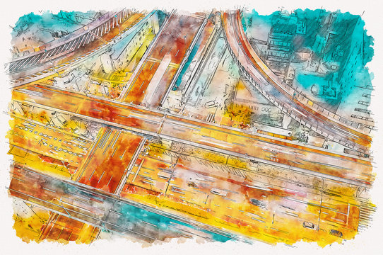 Aerial view of a massive highway intersection in Osaka, Japan watercolor painting © Tierney