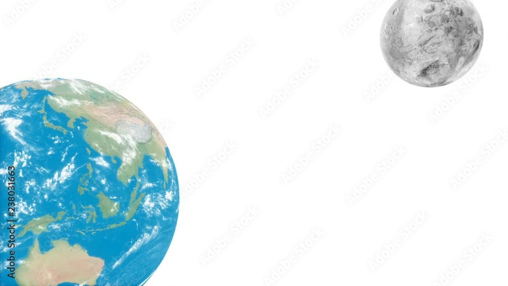 Poster planet earth and moon rotating and approach on a white background. high detail 3d render animation. 