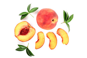 ripe peaches with leaves isolated on white background. Top view. Flat lay pattern