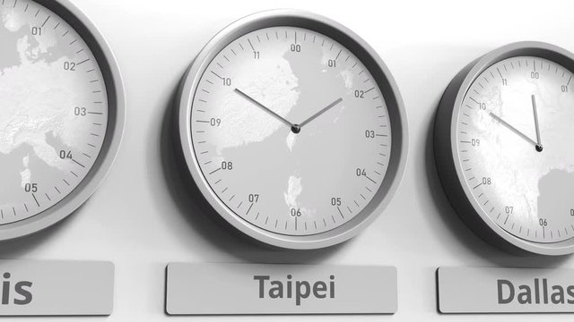 Focus on the clock showing Taipei, Taiwan time. Conceptual 3D animation