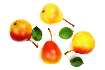 ripe red yellow pear fruits with leaf isolated on white background. Top view. Flat lay pattern