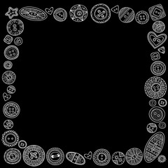 Vector frame, border with set of cloth buttons in different designs in boho style with ornament