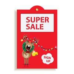Fototapeta na wymiar Christmas and New Year red cartoon sale tag,decorated Reindeer taking selfie,printable hand drawn holiday exclusive coupon
