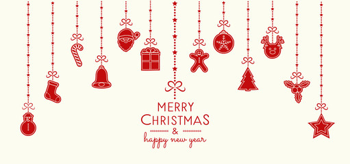 Fototapeta na wymiar Concept of Christmas greeting card with hanging decorations. Vector.