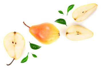 Fototapeta na wymiar ripe red yellow pear fruits with leaves isolated on white background with copy space for your text. Top view. Flat lay pattern