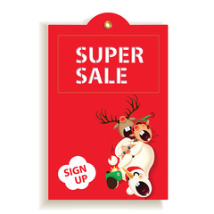 Fototapeta na wymiar Christmas and New Year red cartoon sale tag,Santa Claus,Snowman,Reindeer and Elf taking selfie,printable hand drawn holiday exclusive coupon