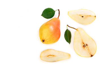 ripe red yellow pear fruits with leaves isolated on white background. Top view. Flat lay pattern