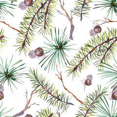 Winter watercolor Christmas seamless pattern with tree branches and berries