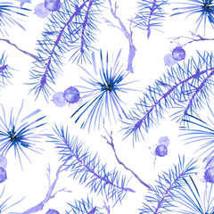 Winter watercolor Christmas seamless pattern with tree branches and berries
