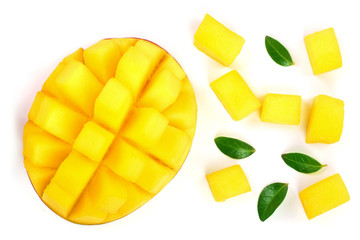 Mango fruit decorated with leaves isolated on white background close-up. Top view. Flat lay