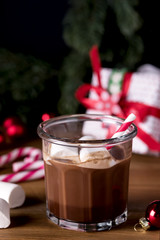 Close Up Homemade Tasty Hot Chocolate in Glass with Marshmallow Festive Christmas Background Candy Cane Vertical
