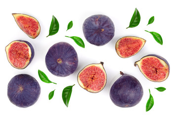 fig fruits with leaves isolated on white background. Top view. Flat lay pattern