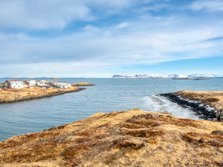 Fototapeta premium Seascape view at Stykkisholmur church hill, Iceland
