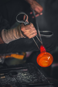Glass production blowing in traditional industry glass factory in Hebron, Palestine