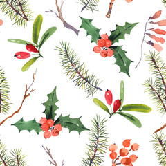 Winter watercolor Christmas seamless pattern with tree branches and berries.