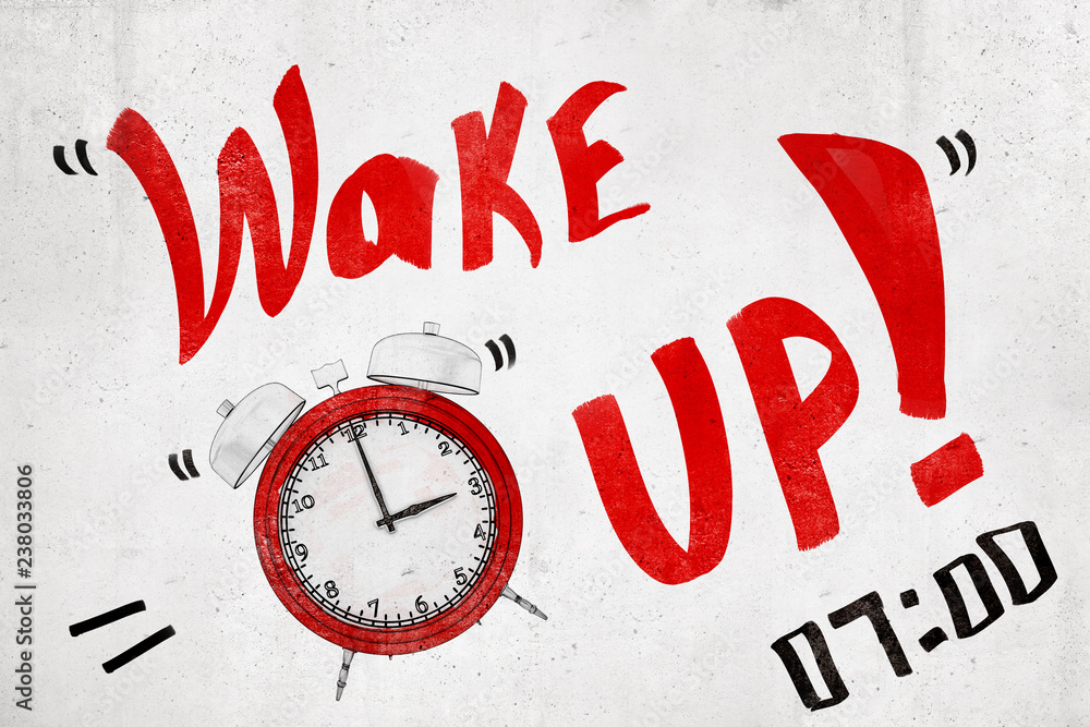 Poster 3d rendering of a the title 'wake up' and an old-fashioned alarm clock that is going off.