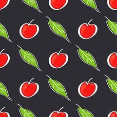 Apple fruit leaf vector color seamless pattern. Simplified retro illustration. Wrapping or scrapbook paper background.Childish cartoon style doodle art. Element for design, wallpaper, fabric printing.