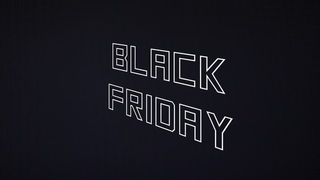 A wireframe animated text, Black Friday, Are you ready?, spinning around its axis. Retro futuristic obsolete style (computer-generated imagery from the 1980s).
