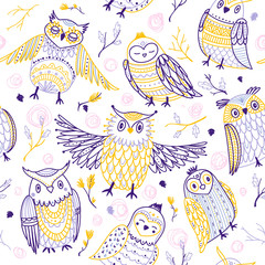 Cute owls seamless pattern in boho style with ornaments.