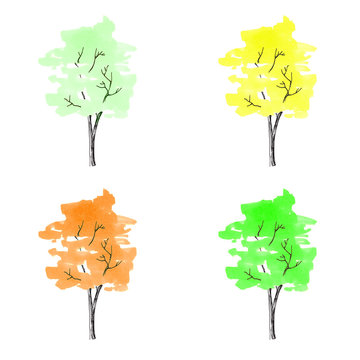 Four bright colored trees.. Hand-drawn. A watercolor drawing. Close up. Isolated on white background