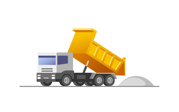Dumper truck in action at construction site. Vector illustration.