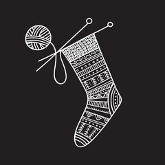 Vector illustration of knitted sock and ball of yarn with needles