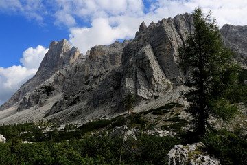 Fototapeta na wymiar Paesaggio alpino con massiccio montuoso in evidenza - Valle Civetta - Dolomiti - Italia 