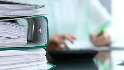 Bookkeeper or financial inspector  making report, calculating or checking balance. Audit and tax...
