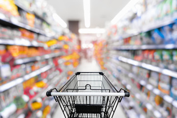 Motion Blur in Supermarket Interior Storage Shelf and Shopping Cart, Consumer Products Goods on Shelves With Trolley Inside Shopping Mall. Abstract Defocus Blurred in Department Store.