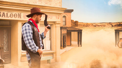 Cowboy with revolver, gunfight against saloon