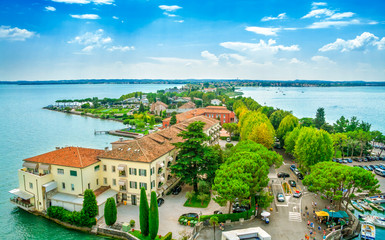 Italian town of Sirmione and Lake Garda from the tower Scaliger, Lombardy region.