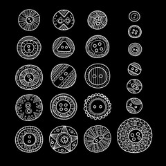 set of cloth buttons in different designs in boho style with ornament.