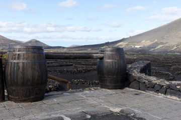 Barrier at the entrance to the vineyard. Two wooden barrels with wooden beams